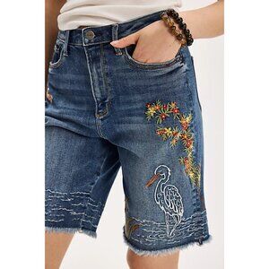 Free People Driftwood Bermuda Shorts Womens 24 Embroidered Boho Chic Denim